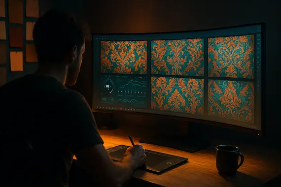 Designer at ultrawide screen reviews vivid AI-generated brocade—AI in textile industry fuels rapid creative workflow