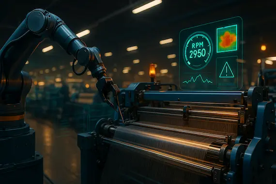Robot arm tunes smart loom under teal LED glow, data HUD overlay—AI in textile industry mill optimizes weave instantly