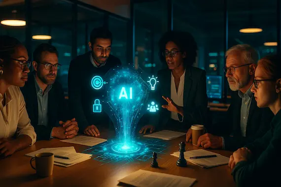Researchers debate alignment around glowing core, inspired by Yuval Noah Harari on AI, in a vivid tech-lab scene.