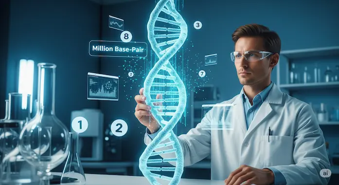 Scientist examines holographic DNA helix in lab, illustrating genomic leap in AI news June 28 2025.