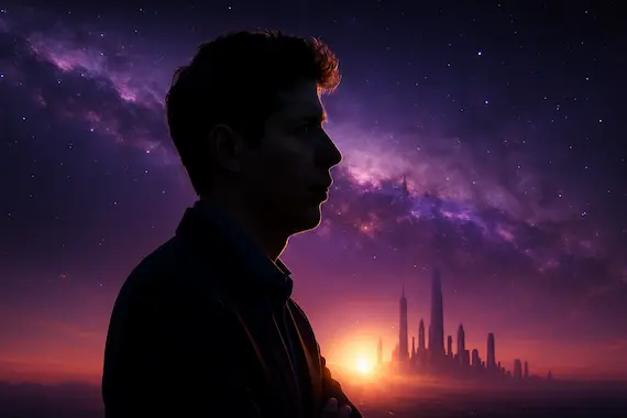 Silhouette of Sam Altman at a cosmic horizon, symbolizing breakthrough AI headlines.