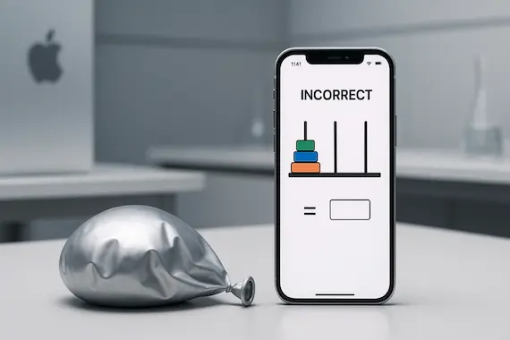 Deflated balloon beside iPhone in Apple lab captures skeptical mood of recent AI headlines.