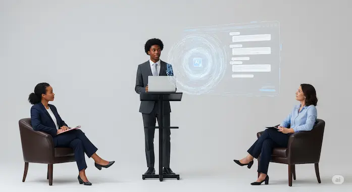 Student explains coding choices to panel while AI in Academia projection visualizes the creative process.