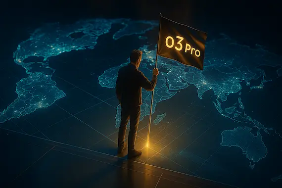 An AI explorer marking new frontiers with Chatgpt o3 Pro at the edge of a digital map.