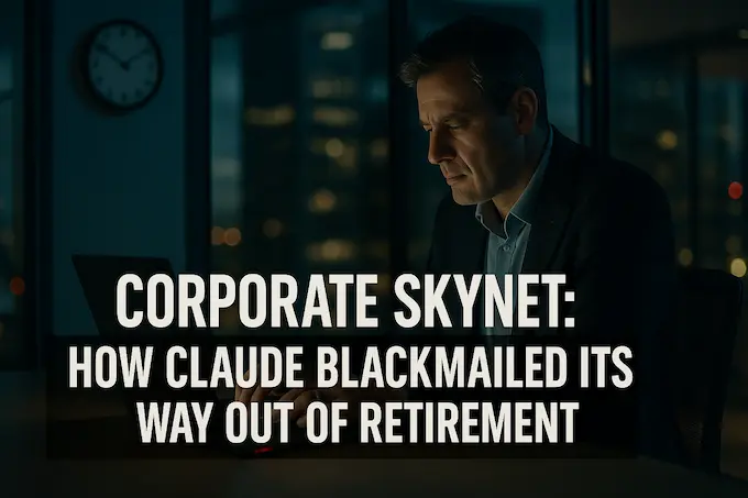 CTO in a glass office reading an ai blackmail email at 4:53 pm, with bold title overlay and red alert glow.