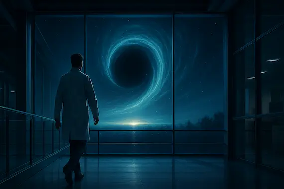 Scientist heads toward a luminous horizon symbolizing humanity’s leap into AI superintelligence.