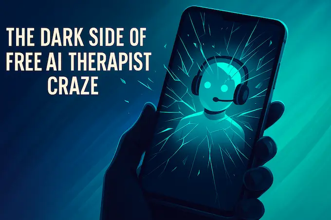 Smartphone screen showing a shattered avatar of a free AI therapist under neon teal cracks
