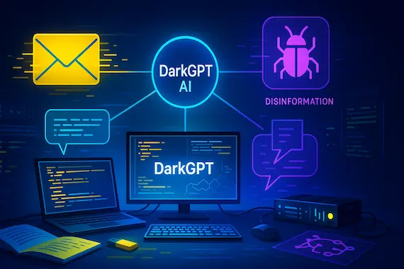 Abstract Darkgpt AI hub linked to phishing, malware, and social manipulation icons.
