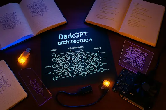 Creative AI workstation showing Darkgpt architecture with vivid lighting.