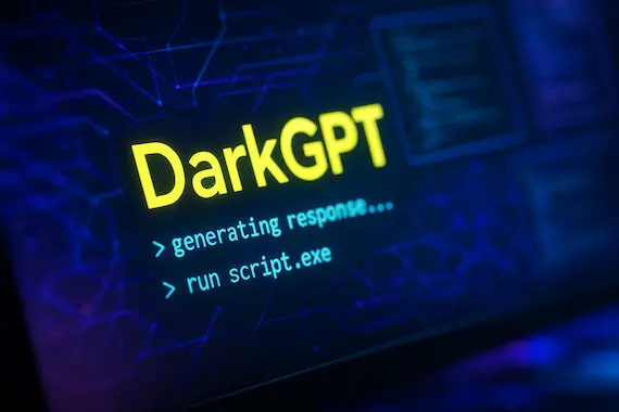 Darkgpt interface glowing with vibrant blue and yellow code overlays.