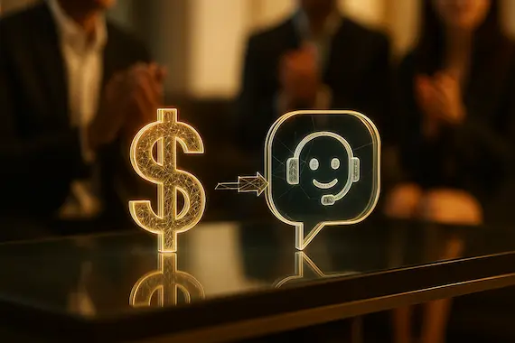 Gold dollar sign transforming into a free AI therapist chatbot icon on glass table in office scene