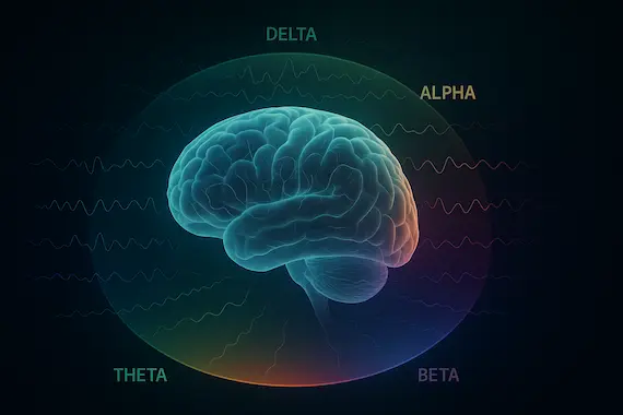 Color-banded brain rendering with EEG traces visualizes how AI and cognition interplay across neural frequencies.