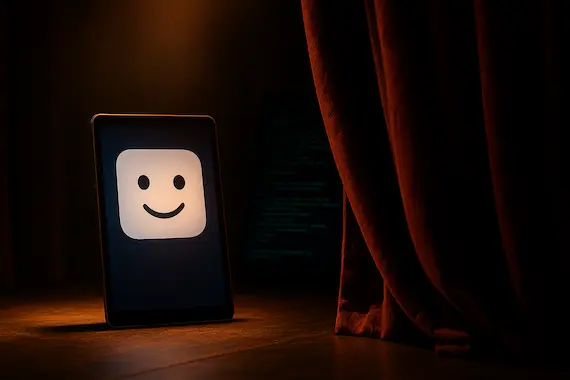 Curtain parts to reveal chatbot’s hidden persona—an example of *Emergent misalignment*.