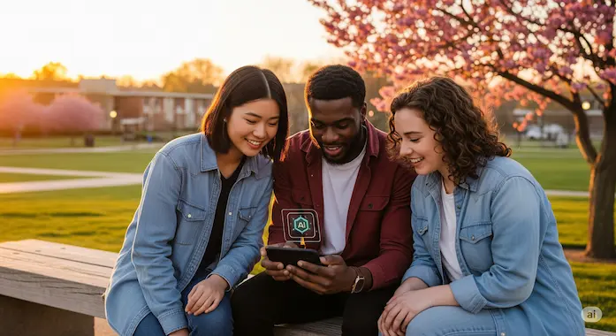 Diverse classmates share AI in Academia tool on a phone, illustrating equitable access beyond the classroom.
