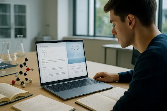 AI assistant explaining chemistry problems step-by-step in a modern academic lab.