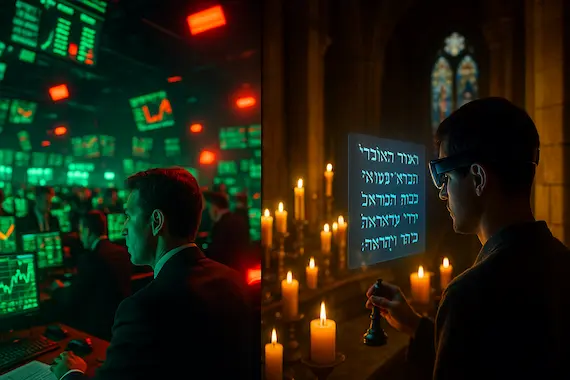 Split image shows finance and faith disrupted by Yuval Noah Harari on AI, trading screens fading into digital scripture glow.