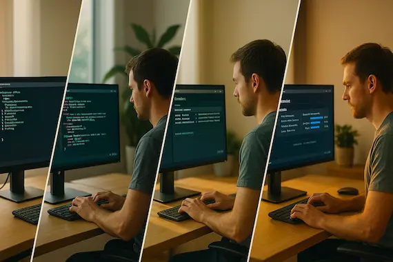 Developer referencing Gemini CLI across day timeline in colorful terminal windows.