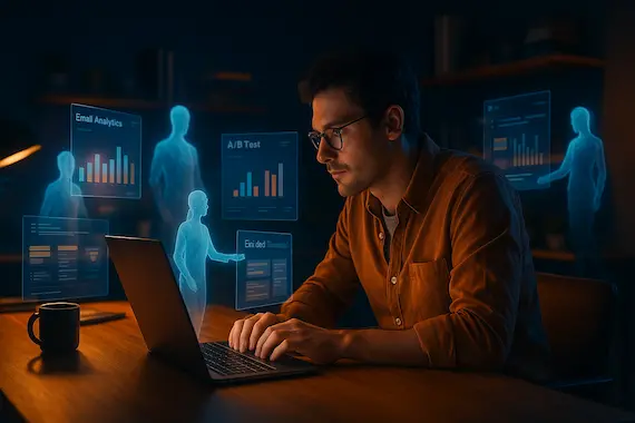 Marketer watches GPT-5 agents autonomously manage dashboards, visualizing AI-driven workflow automation.