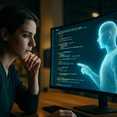 Developer collaborates with transparent AI figure on code, conveying GPT-5’s near-human reasoning abilities.