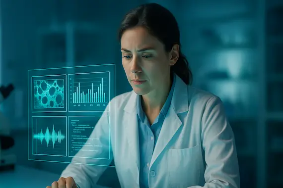 Scientist studies holographic mix of image, chart, audio, and code—illustrating GPT-5’s multimodal intelligence.