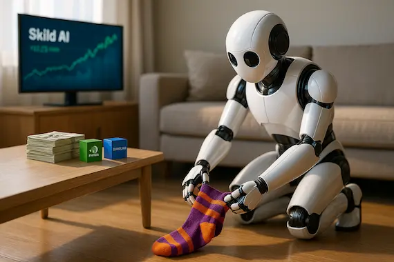Household robot picks up socks in a living room, hinting at major investments spotlighted in AI headlines.