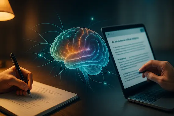 Split image of manual drafting and AI editing connected by neural glow depicts balanced workflow for AI and cognition.