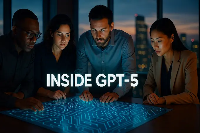 Engineers around a holographic table displaying “Inside GPT-5” title, city skyline backdrop, symbolizing next-gen AI breakthrough.