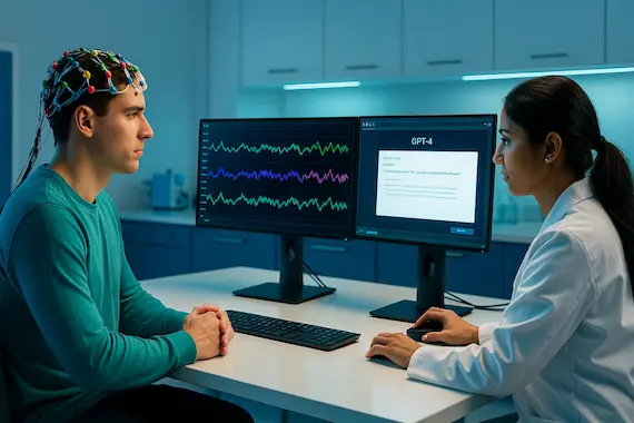 High-resolution lab photo of EEG-monitored student beside GPT interface, spotlighting experimental links between AI and cognition.