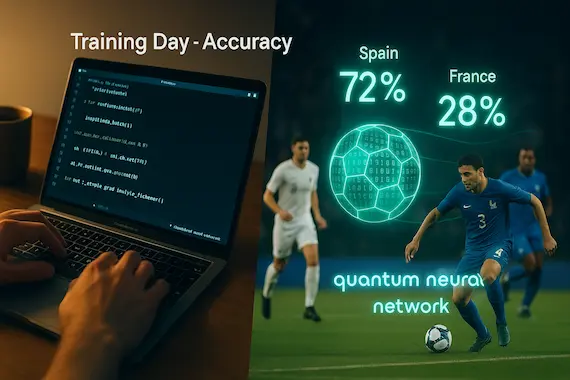 Seven qubit‑coins encoding football stats on a circuit board, depicting “quantum neural network” encoding.