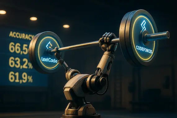 Robot arm lifting algorithmic weights illustrating best ai for coding 2025 benchmark accuracy metrics