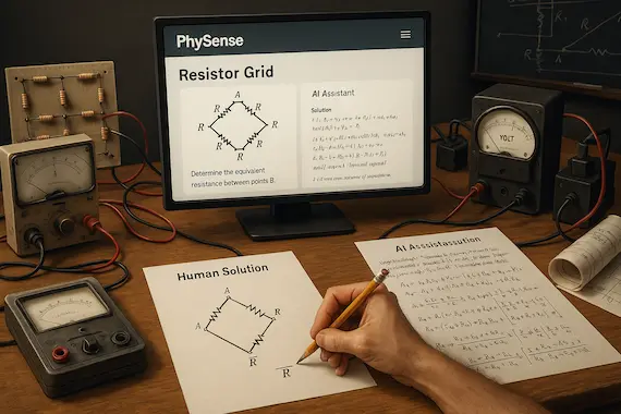 Comparison of human and AI approaches to solving a physics problem, showcasing physics AI reasoning differences.