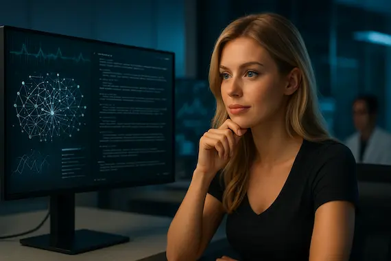 AI Cognition: A woman analyzing predictive AI interface, reflecting cognitive insight in emerging AI behavior.