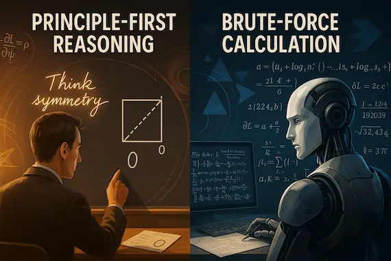 Visual comparison of human and AI problem-solving in physics, highlighting principle-first reasoning versus brute-force methods in physics AI.