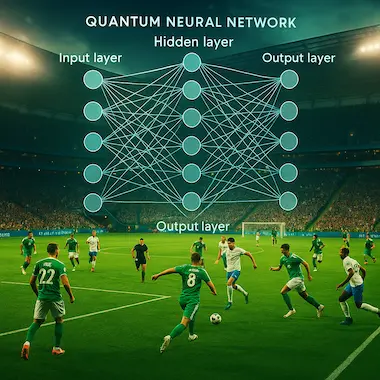 Quantum neural network analyzing live football match for predictive insights.