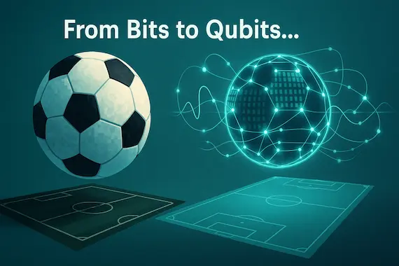 Comparison between classical and quantum football prediction with “quantum neural network” superposition visuals.