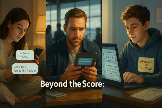 Real-life scenes of AI EQ in therapy, travel help, and tutoring—AI EQ supporting daily life.