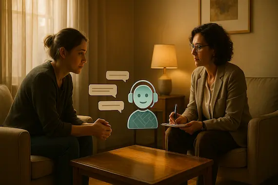 Client and therapist face-to-face in a warm room, highlighting real care beyond a free AI therapist  