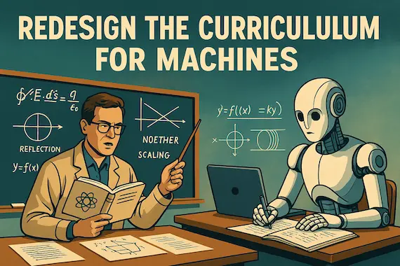 Instructor teaching physics principles to a robot student, symbolizing the need to redesign the curriculum for physics AI.