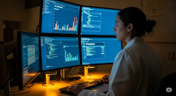 Graduate researcher uses AI in Academia to map literature on biotech via multi-screen lab setup.