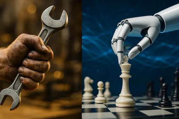 Contrasting hands show tools versus agents, echoing Yuval Noah Harari on AI in vivid, well-lit symbolism.