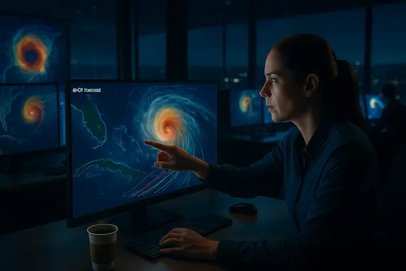 Data scientists collaborate over Weather Lab dashboard showcasing AI hurricane prediction.