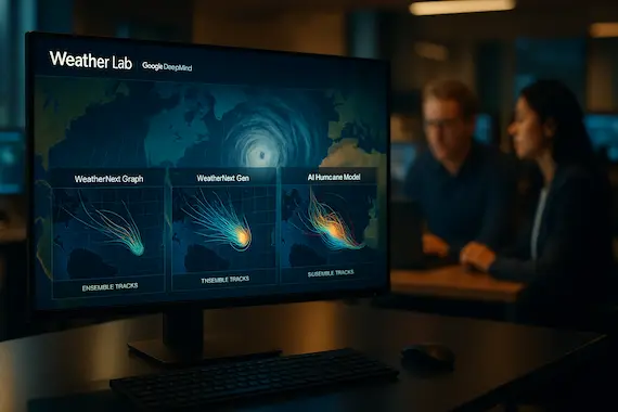 Meteorologist in emergency center studies real-time AI hurricane prediction maps.