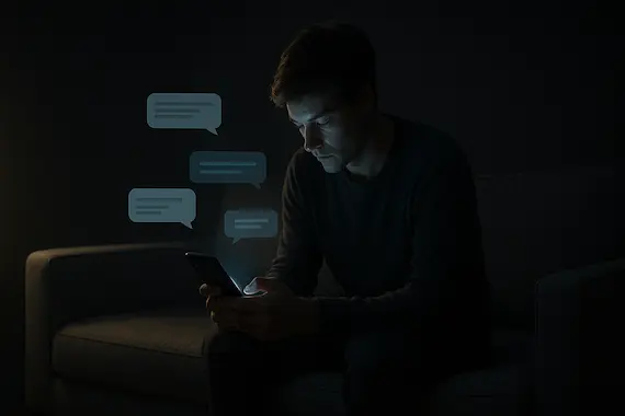Lonely person illuminated by phone light chatting with a free AI therapist in dark room