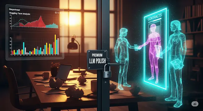 Concept image of economic hurdles humans face from AI bias that privileges polished LLM text.