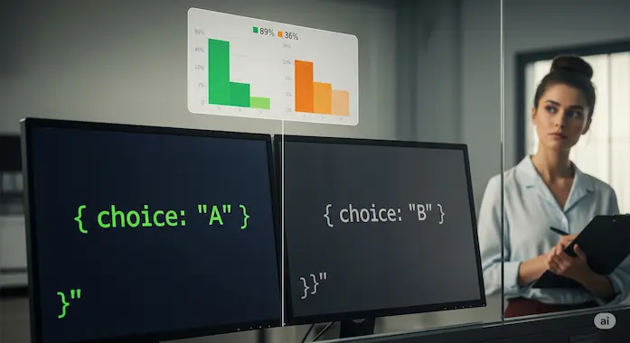 Lab scene visualizing the experiment that exposed AI bias favoring machine-generated descriptions.
