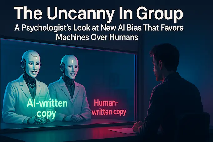 Robots applauding machine-written copy while human prose is rejected, illustrating AI bias in content judgment.