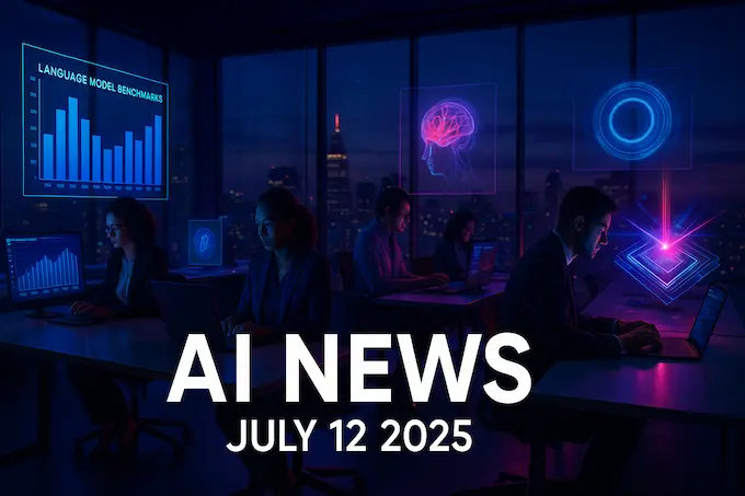 Global newsroom visualizing breakthroughs for AI News July 12 2025 in vivid neon colors.