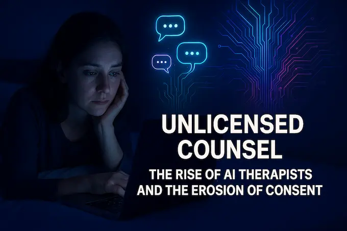 Sleepless user confides in AI therapist chat beneath neon blue glow.