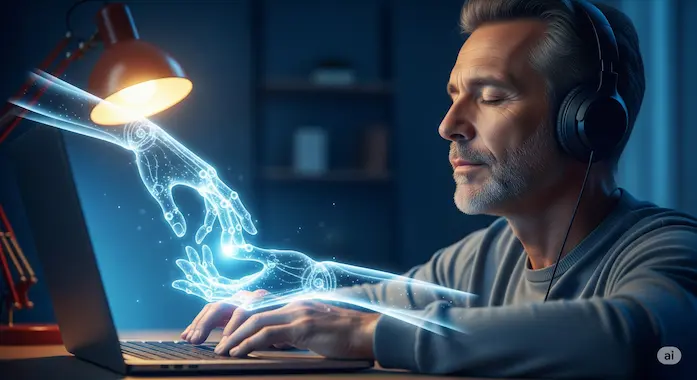 Holographic hands convey empathy as an AI therapist comforts an office worker.