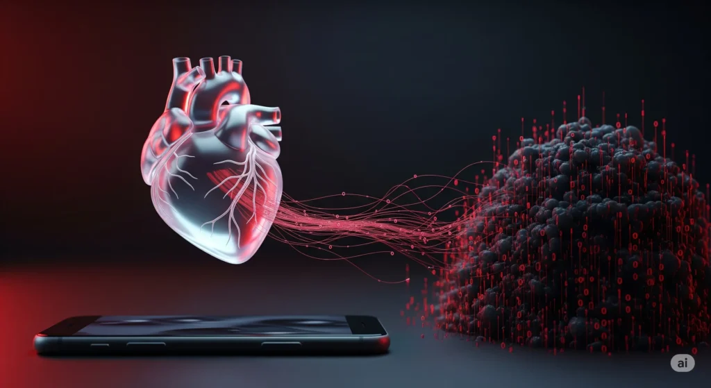 Glass heart and data streams expose privacy risk of sharing with an AI therapist.